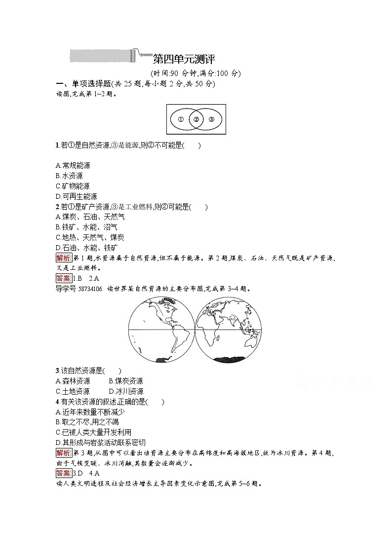 2019-2020学年高中地理鲁教版必修1练习：第四单元　从人地关系看资源与环境 测评01