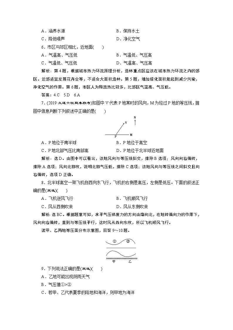 2019-2020学年高中地理鲁教版必修1（江苏专用）练习：第二单元第一节第2课时　大气的运动课后检测能力提升02