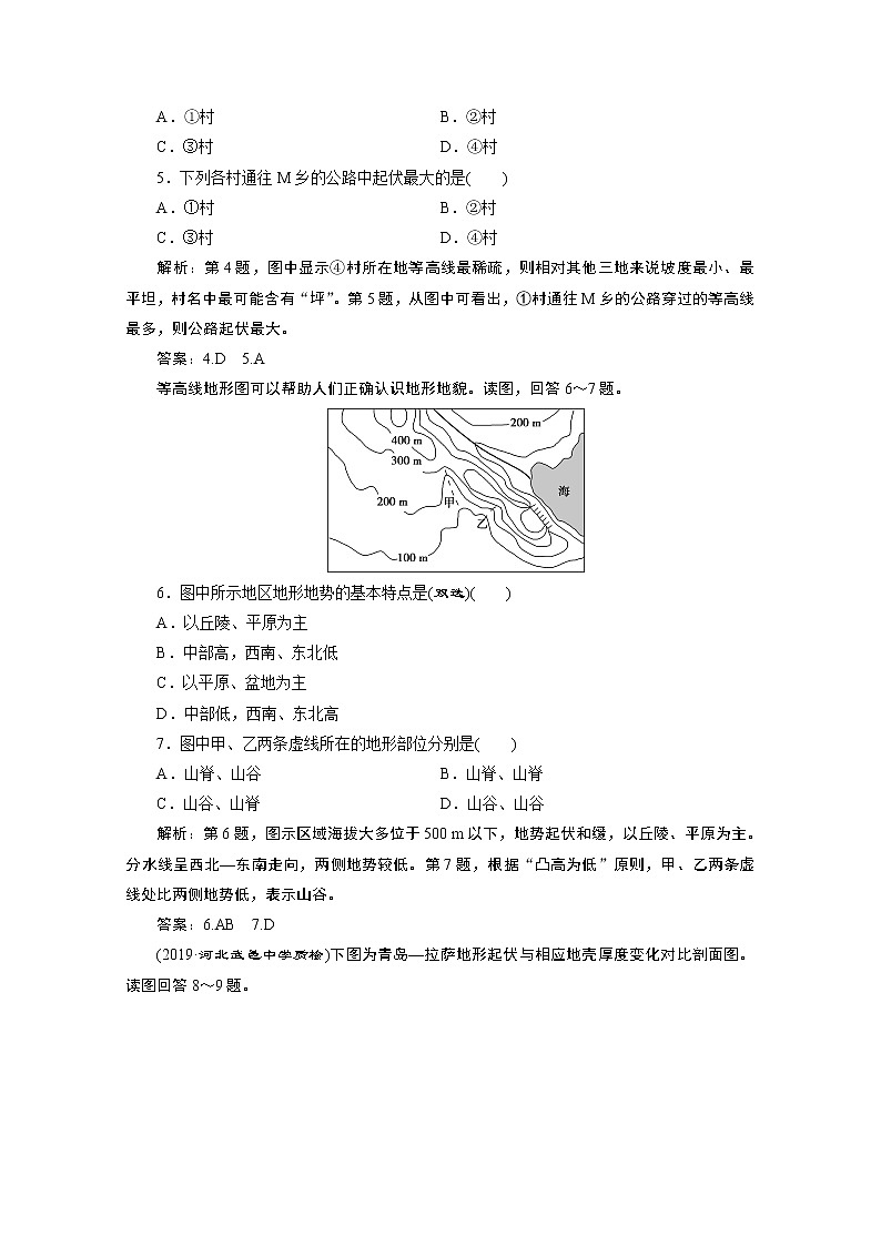 2019-2020学年高中地理鲁教版必修1（江苏专用）练习：第三单元第四节　地貌的观察课后检测能力提升02