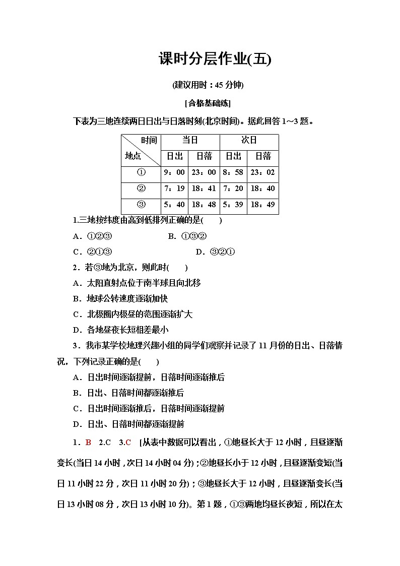 2019-2020同步鲁教版地理必修一新突破课时分层作业5昼夜长短的变化　四季的更替第1页