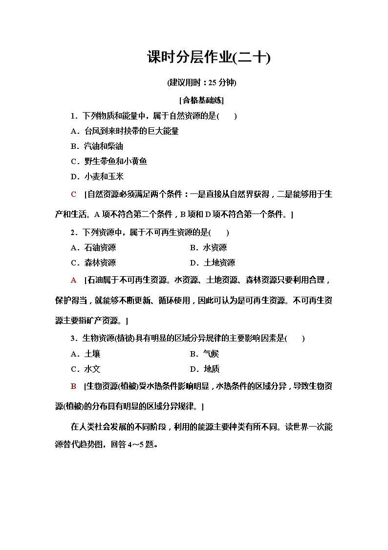 2019-2020同步鲁教版地理必修一新突破课时分层作业20自然资源与人类 练习01