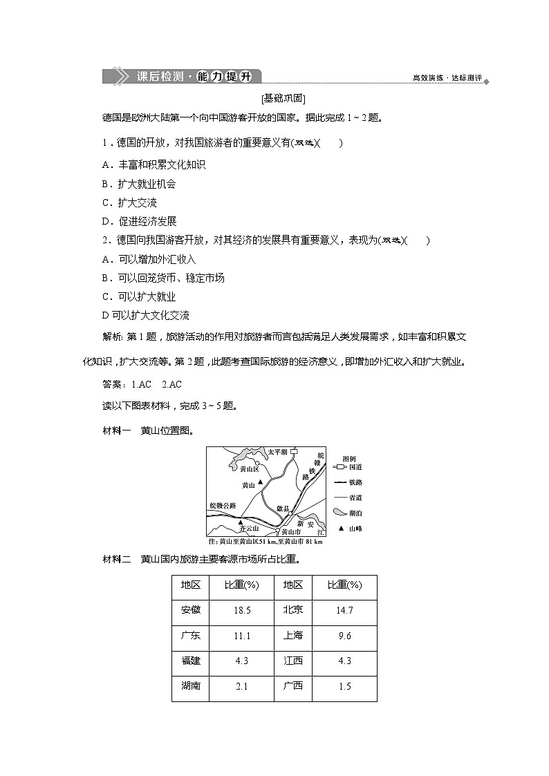 2019-2020学年鲁教版地理必修二江苏专用练习：第三单元第三节　旅游业与地理环境（选学）　课后检测能力提升01