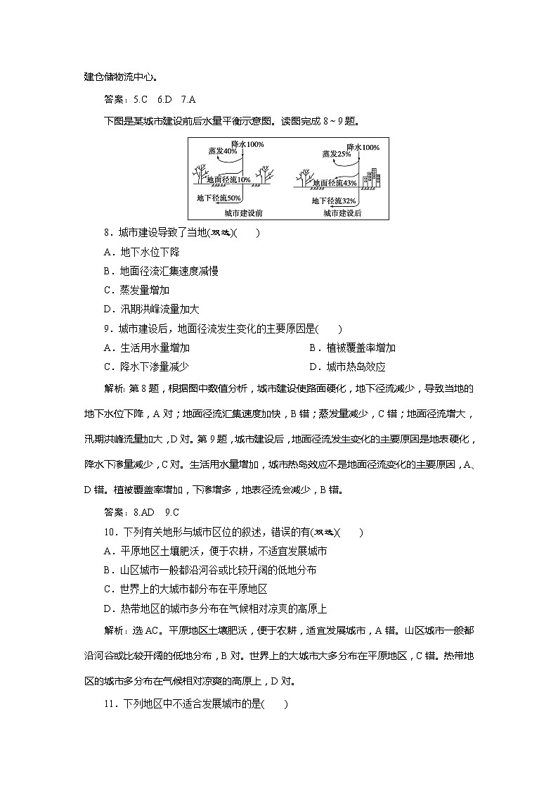 2019-2020学年鲁教版地理必修二江苏专用练习：第二单元城市与地理环境单元综合检测03