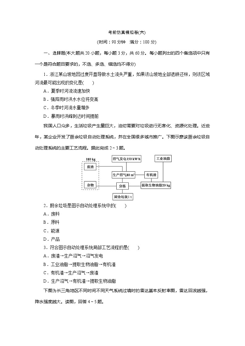 2020版高考地理大三轮复习浙江专用版练习：6考前仿真模拟卷（六）第1页