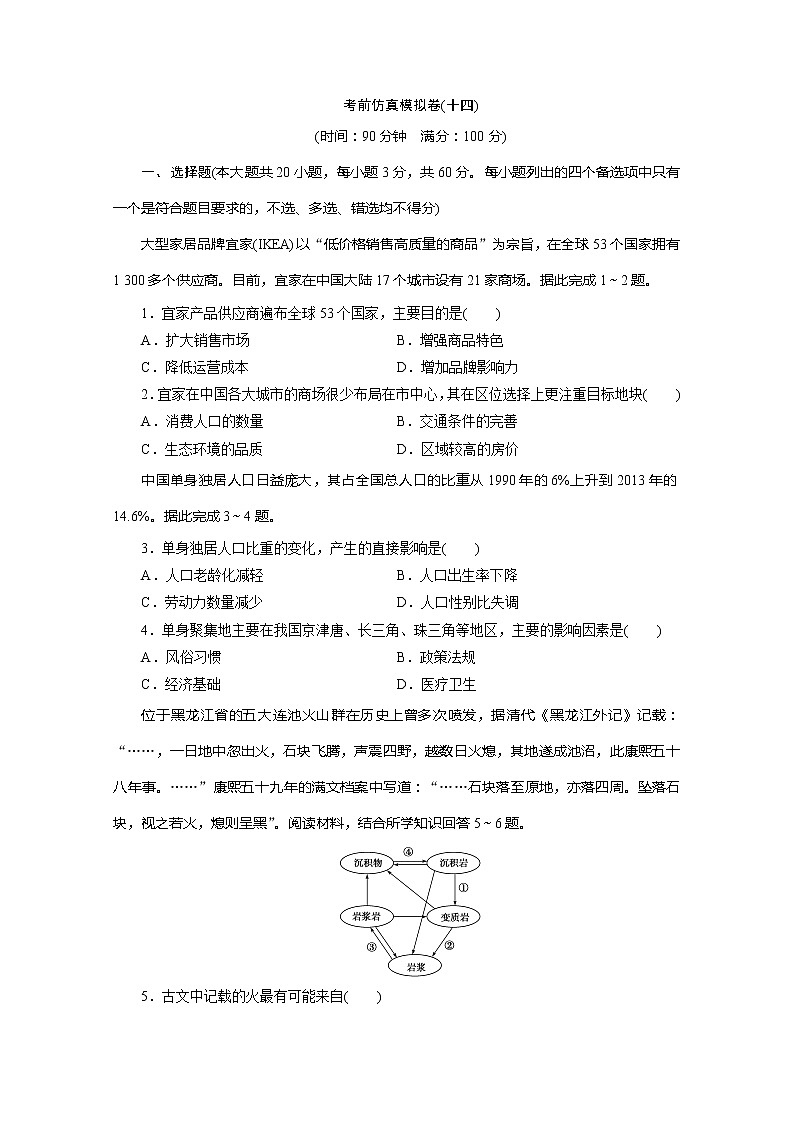 2020版高考地理大三轮复习浙江专用版练习：14考前仿真模拟卷（十四）01