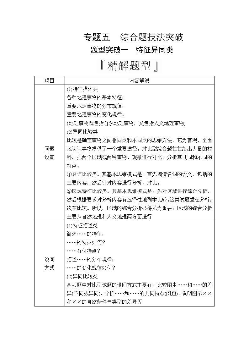 2020版高考地理三轮专题培优教程全国通用版检测：第二编专题五题型突破一　特征异同类01