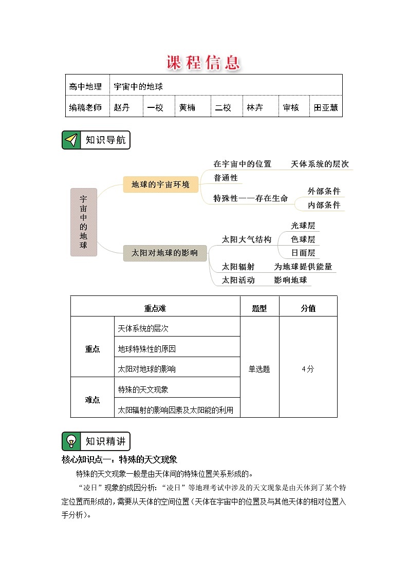 必修1 第一章 宇宙中的地球 第一、二节 学案01