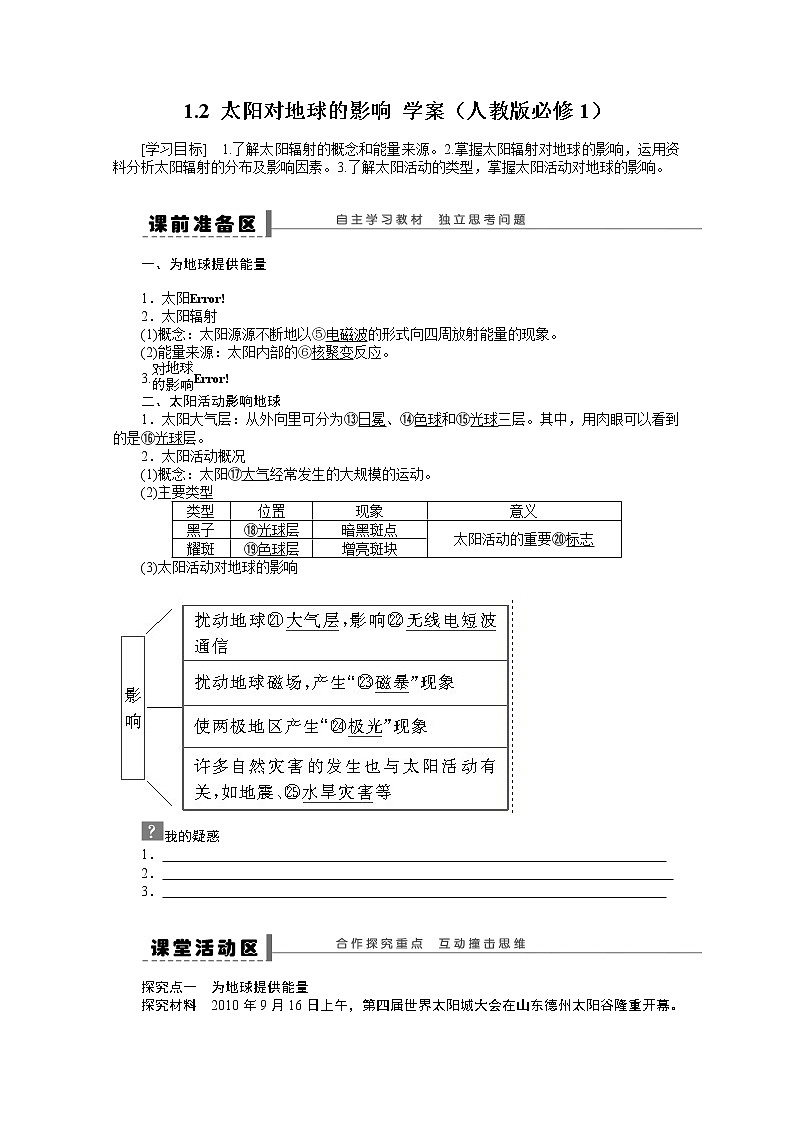 地理新人教版必修一学案 1.2 太阳对地球的影响01