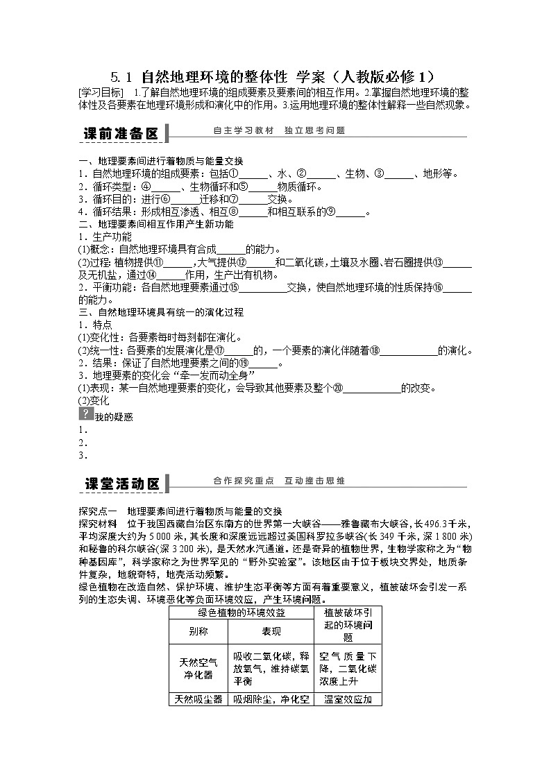 高中地理新人教版必修一学案 5.1 自然地理环境的整体性01