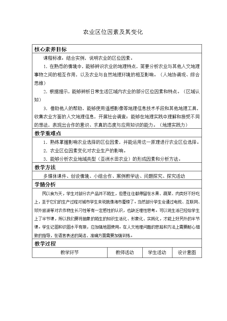 2021最新人教版地理必修二第三章：农业区位因素及其变化 优秀教案01