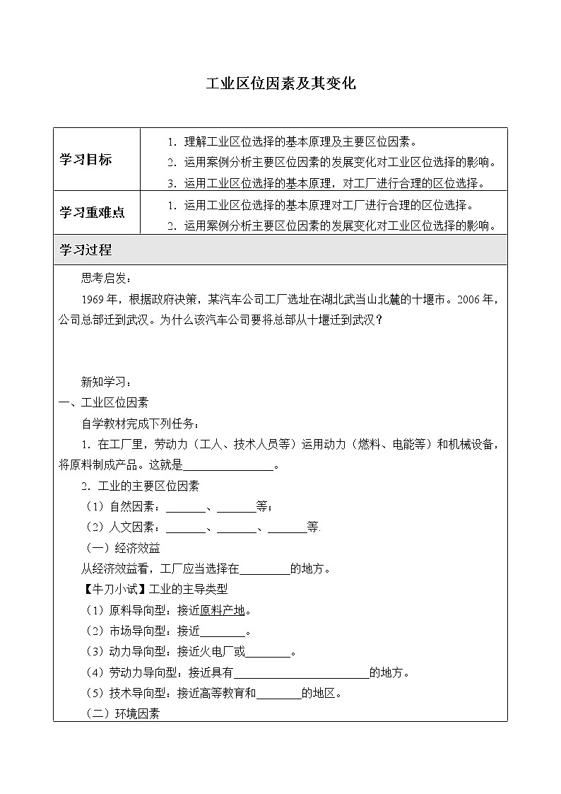 最新高中地理必修第二册：第三章工业区位因素及其变化 导学案01