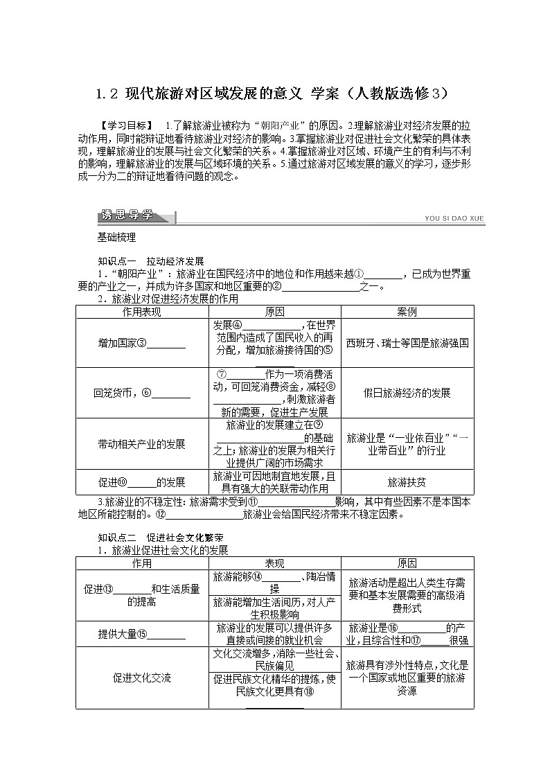 高中地理人教版选修3学案 1.2 现代旅游对区域发展的意义01