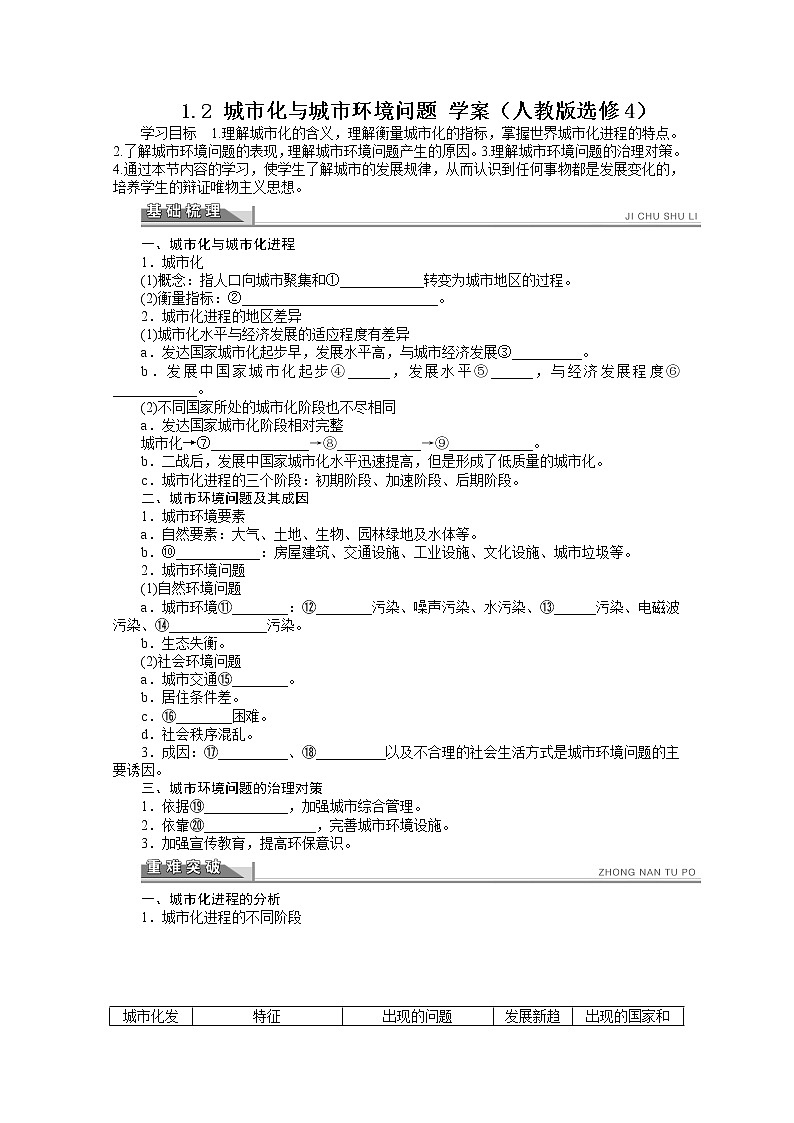 高中地理人教版选修4学案 1.2 城市化与城市环境问题01