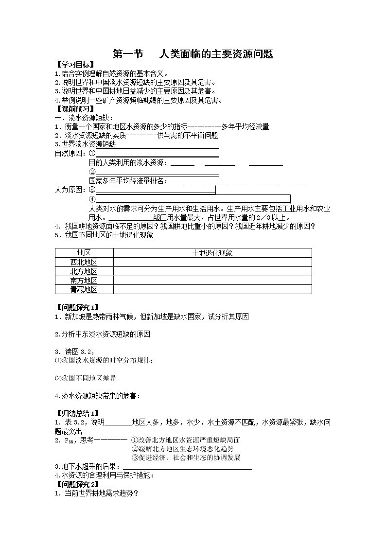 高中地理人教版选修6学案：3.1 人类面临的主要资源问题01