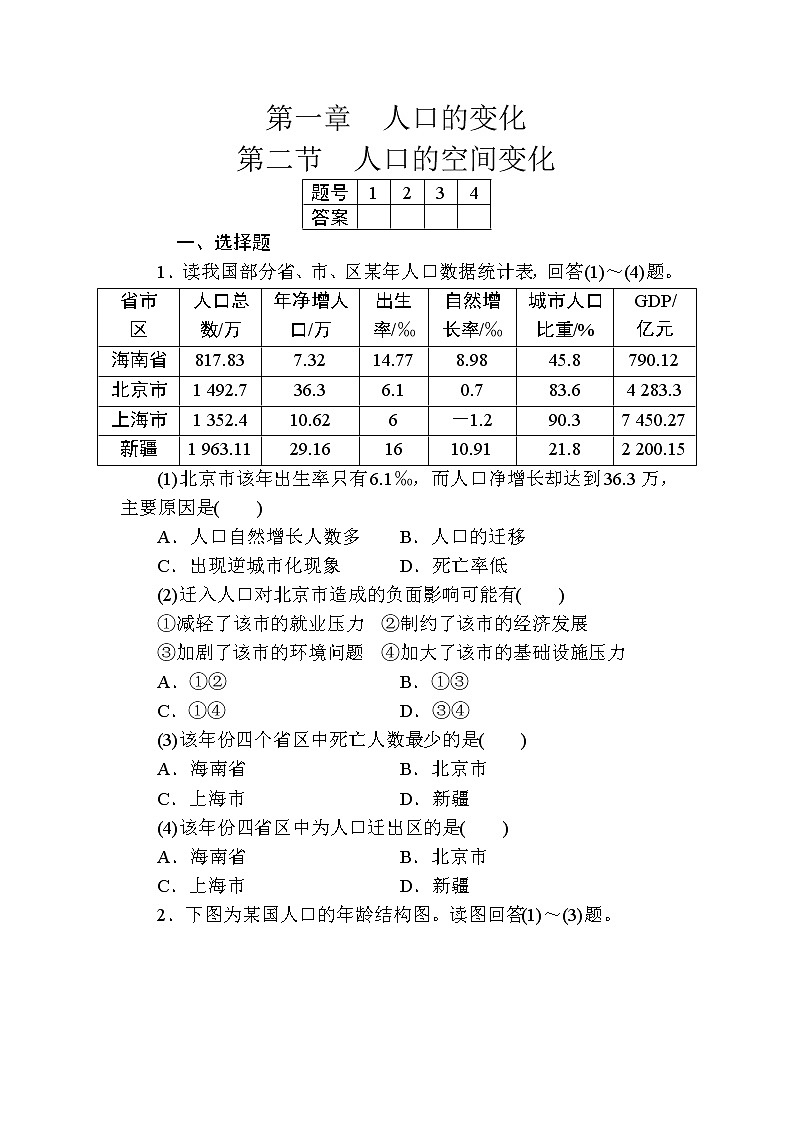人教版高中地理必修二第一章人口的变化第二节人口的空间变化 试卷01