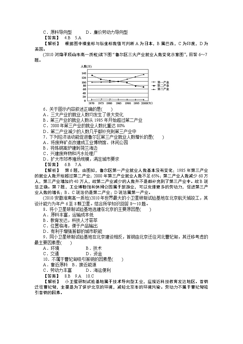 高中地理人教版必修二：第四章 工业地域的形成与发展 综合检测02