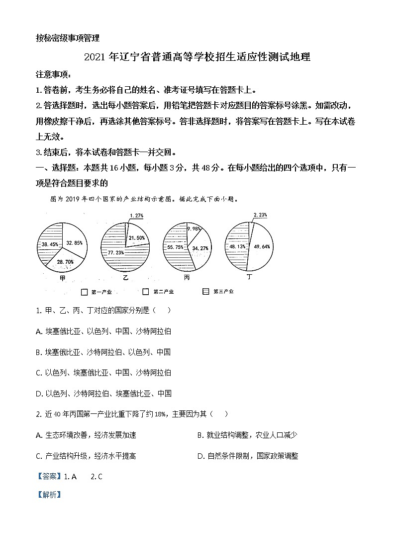 全国八省联考2021年辽宁省普通高等学校招生考试适应性测试地理试题（解析版）01