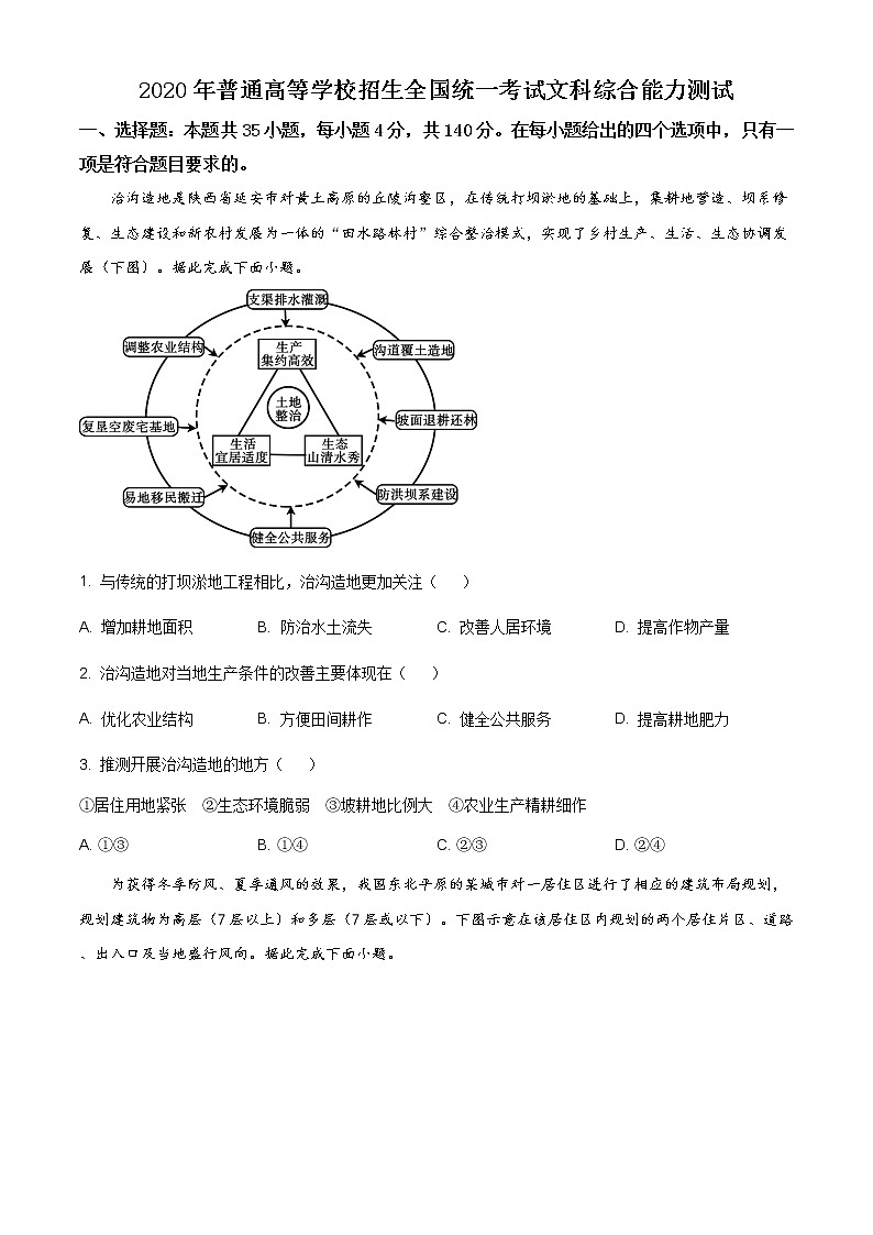 精编：2020年全国统一高考地理试卷（新课标Ⅰ）及答案解析（原卷+解析卷）01