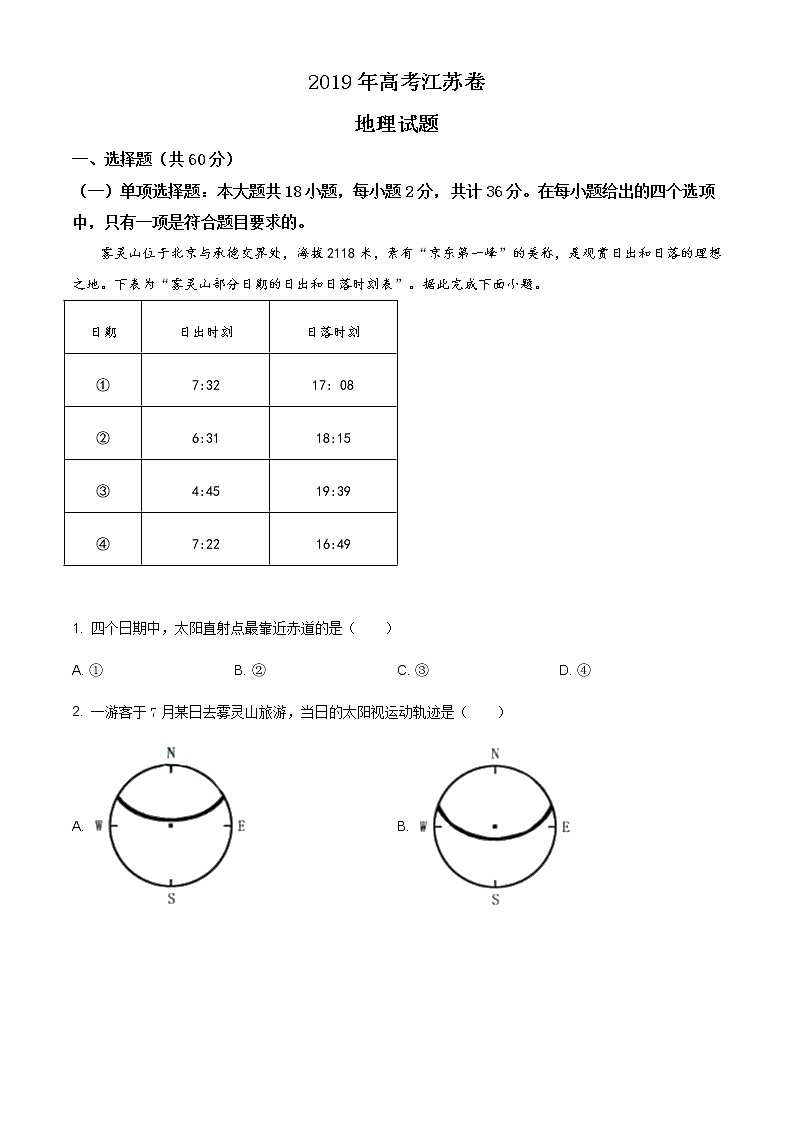 精编：2019年江苏省高考地理试卷及答案解析（原卷+解析卷）01