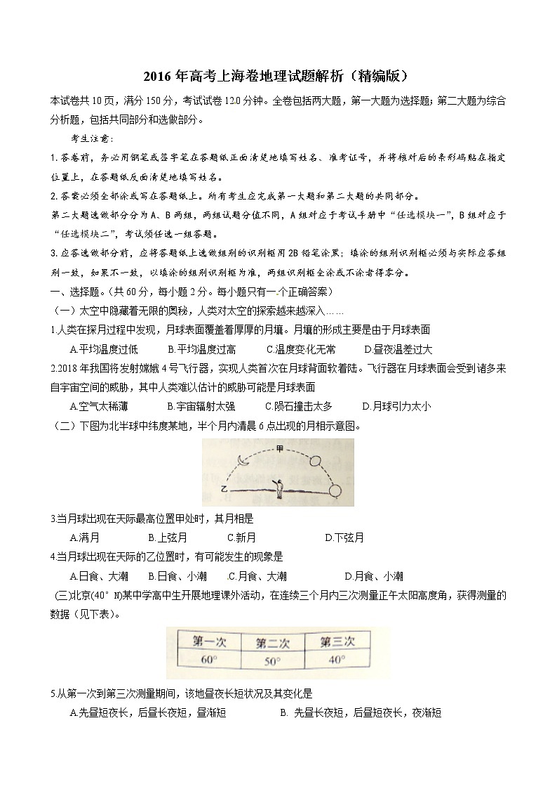 精编：2016年高考上海卷地理试题真题卷（原卷）01