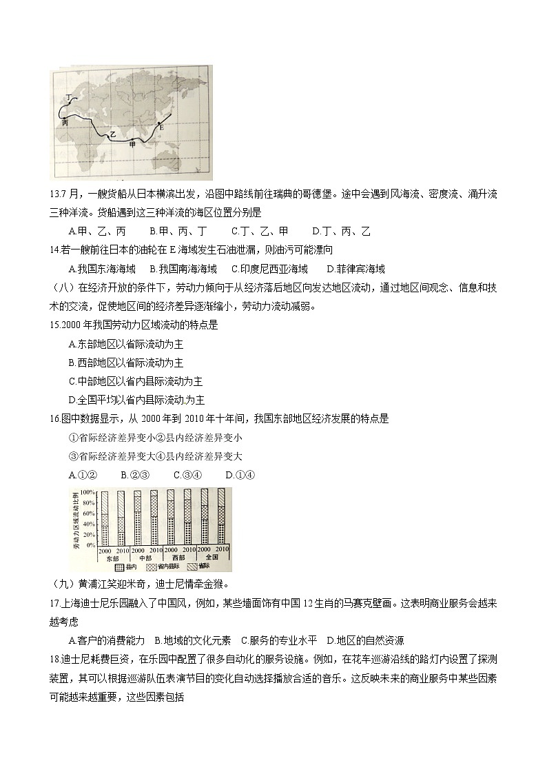 精编：2016年高考上海卷地理试题真题卷（原卷）03