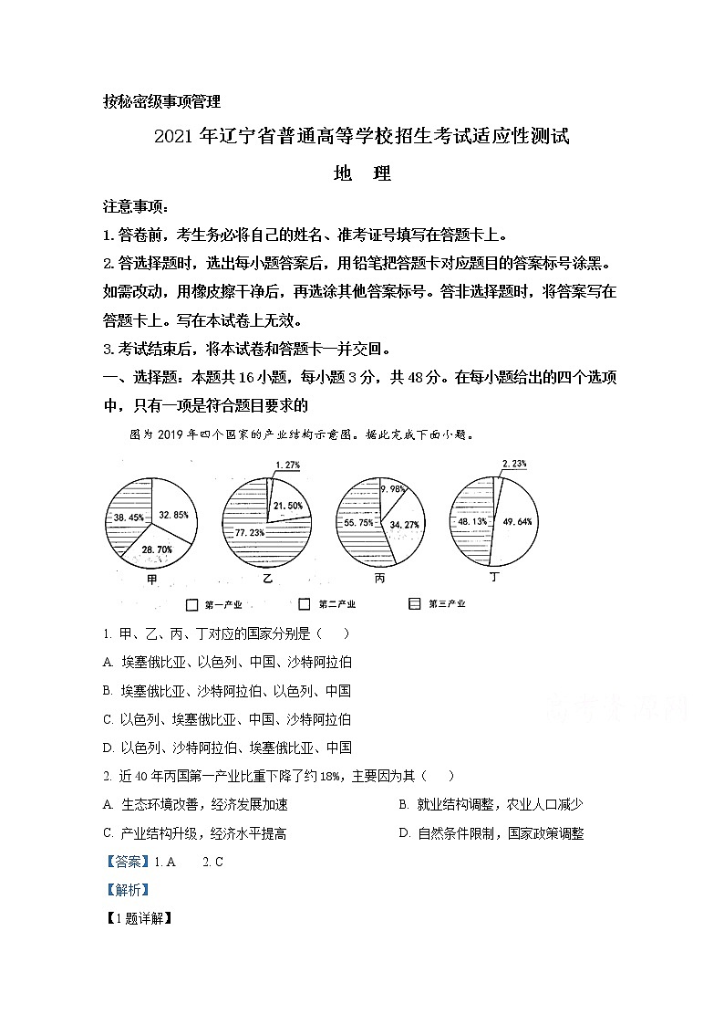 2021年八省联考辽宁省地理试卷及答案解析（原卷+解析卷）01