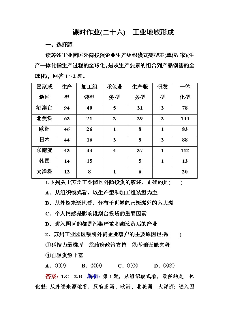 2018版高考地理（课标通用）大一轮复习课时作业26工业地域形成 Word版含解析 练习01