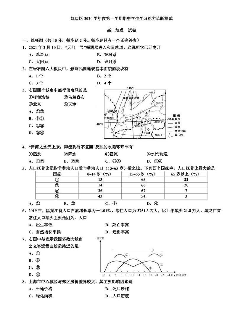 2021年上海市虹口区高中等级考地理二模卷含答案01