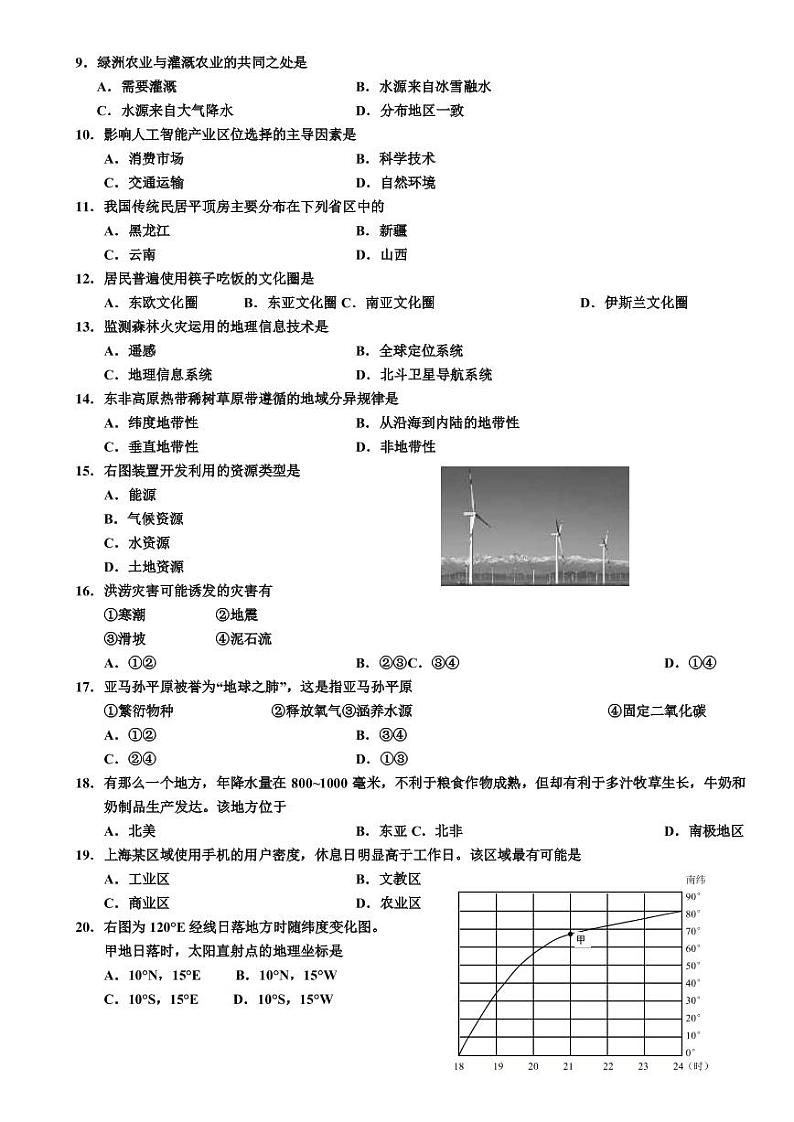 2021年上海市虹口区高中等级考地理二模卷含答案02