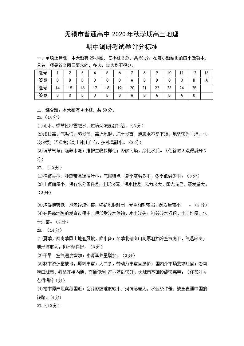 江苏省无锡市普通高中2020-2021学年上学期高三期中调研考地理试卷01
