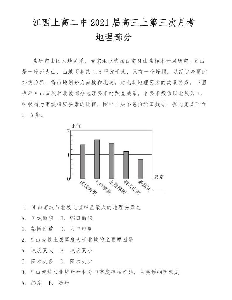 江西上高二中2021届高三上第三次月考地理部分 试卷01