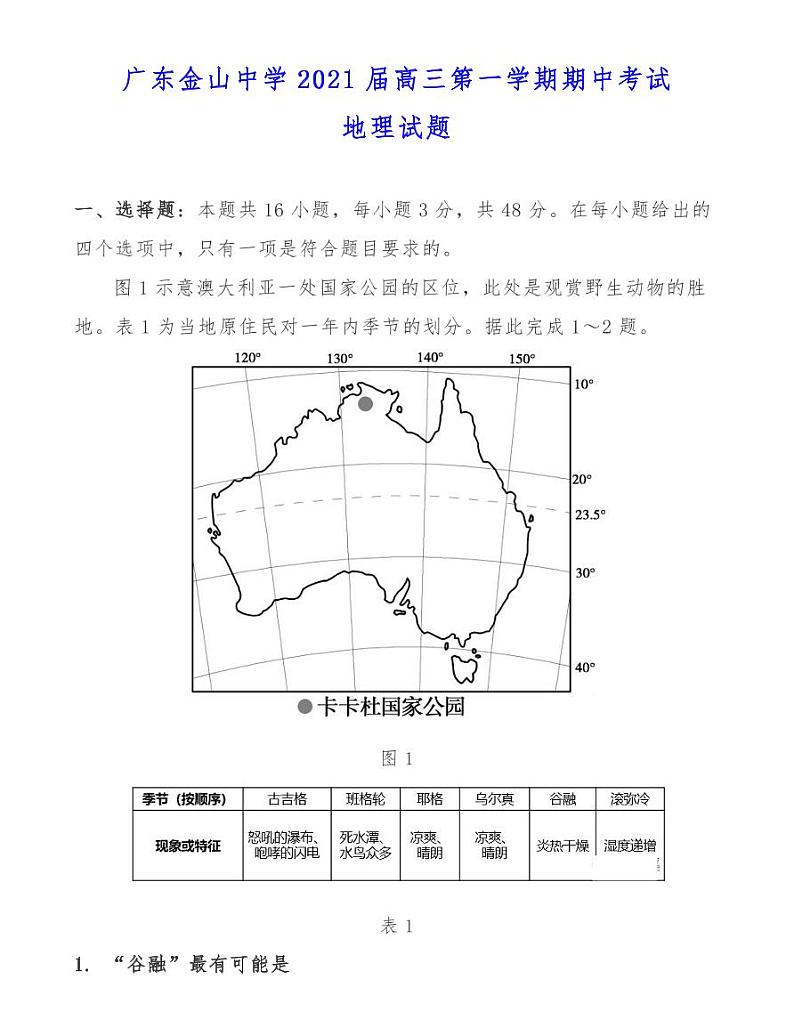 广东金山中学2021届高三第一学期期中考试地理试题01