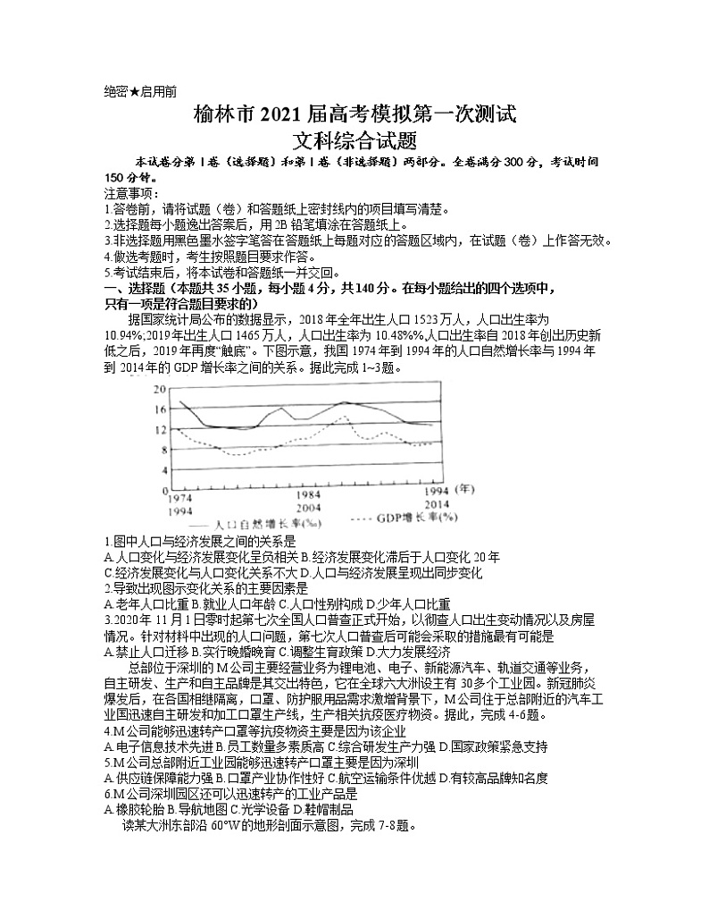 陕西省榆林市2020-2021学年高三下学期3月一模文综地理试题01