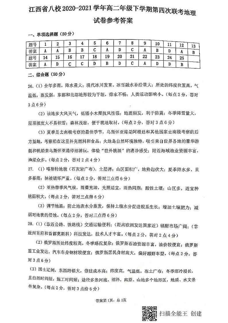 江西省八校（新余一中、宜春中学等）2021学年高二下学期第四次联考地理试题+答案（扫描版）01