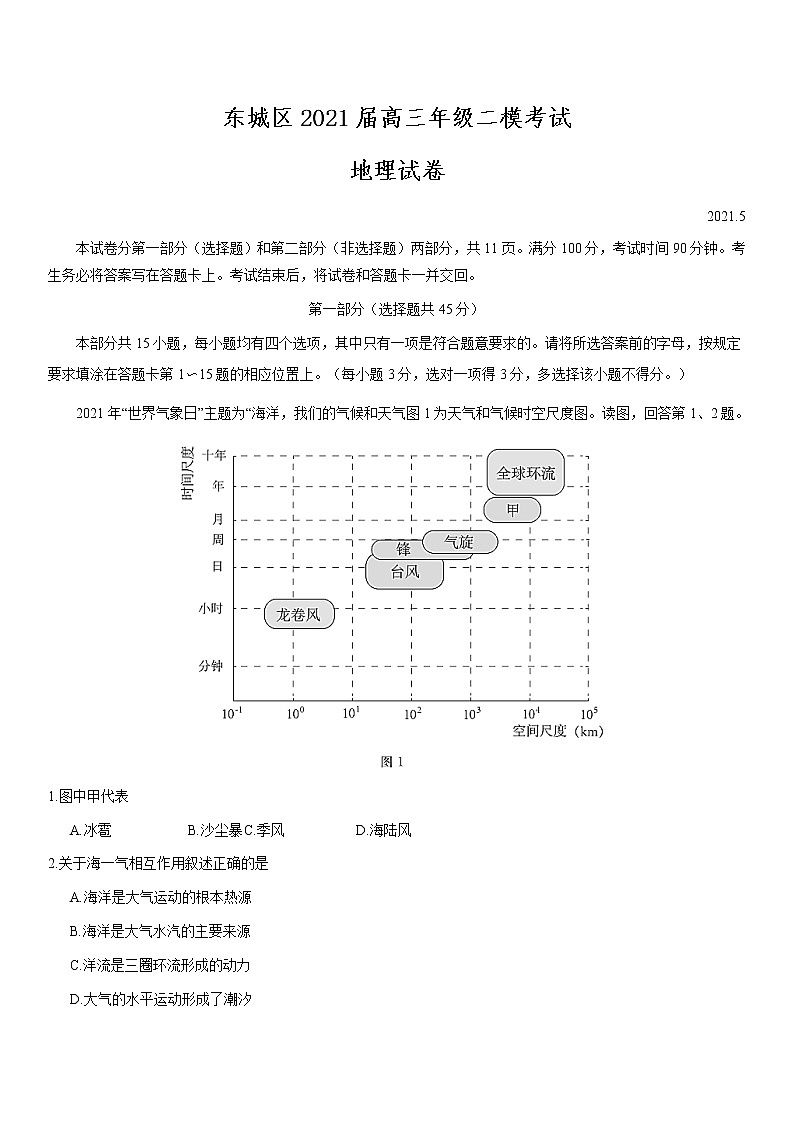 北京市东城区2021高三地理二模试卷01