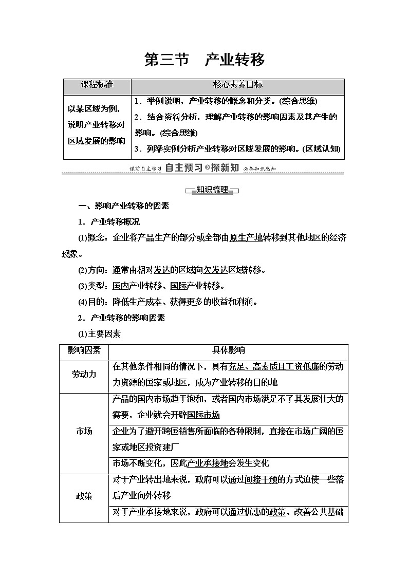 高中地理人教版（2019）选择性必修2 第4章  第3节　产业转移学案01
