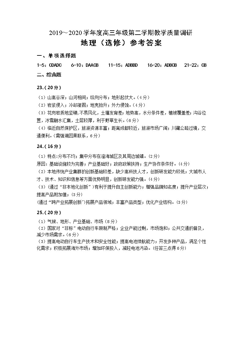 江苏省南通市如皋市2021届高三下学期5月第三次适应性考试：地理+答案01