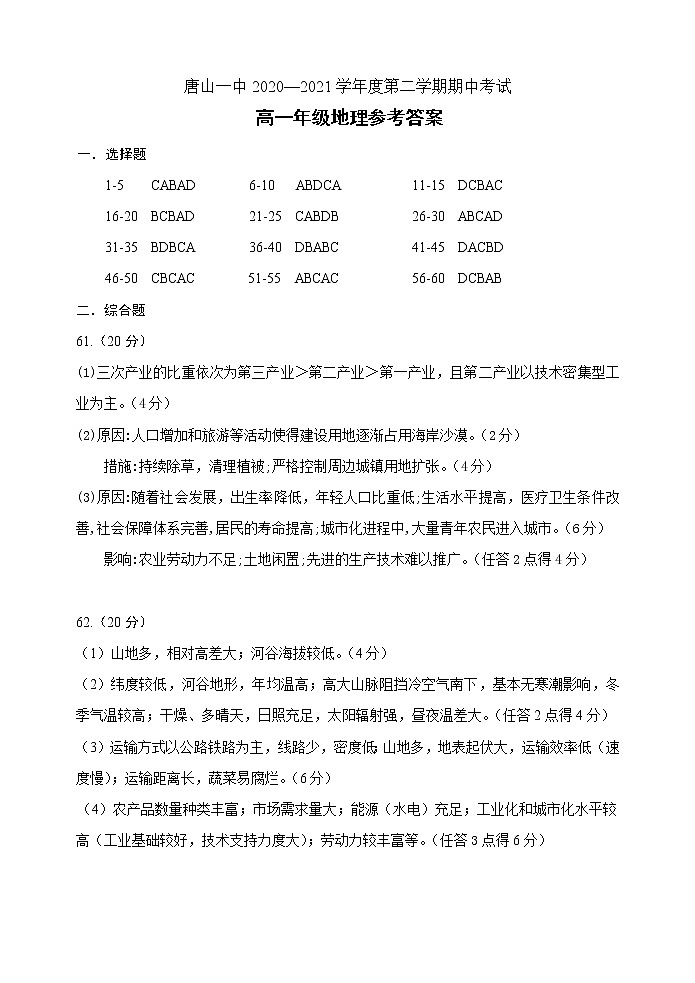 河北省唐山市一中2020-2021学年高一下学期期中考试地理试题+答案 (PDF版)01