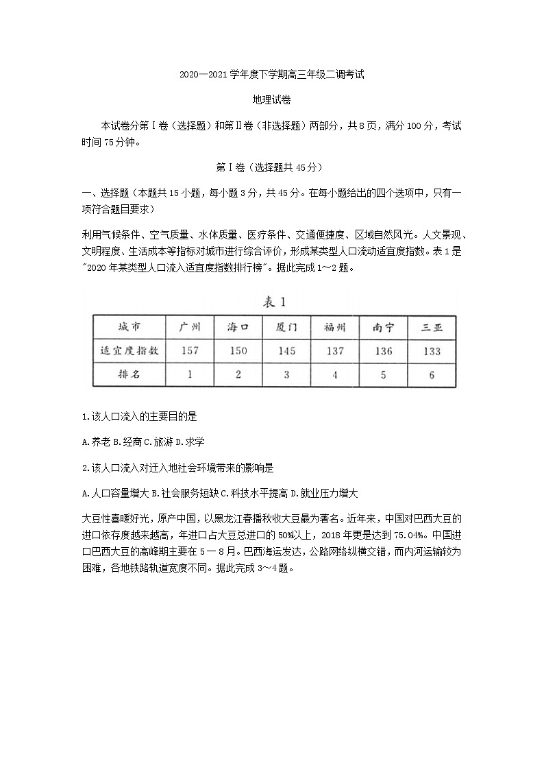 河北省衡水中学2021届高三下学期第二次调研考试地理试题+答案01