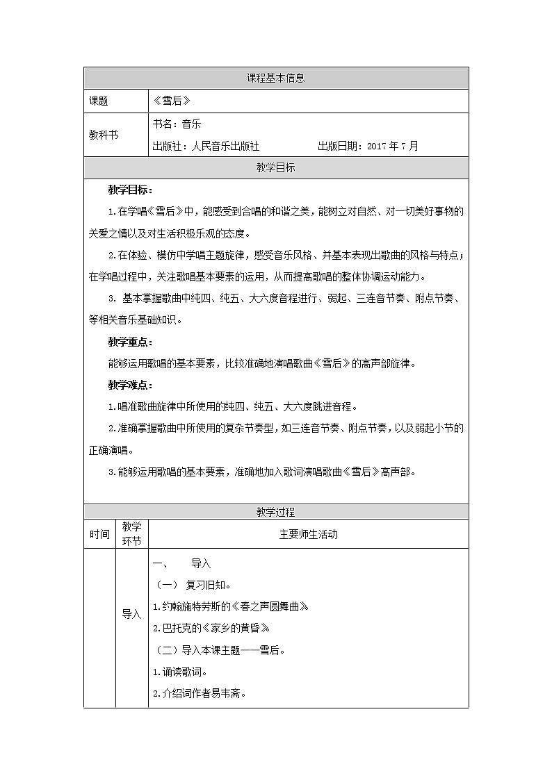 高中音乐新人音版 第六单元 芳菲田野（第2课时）《雪后》PPT课件+教案+练习+内嵌音频01