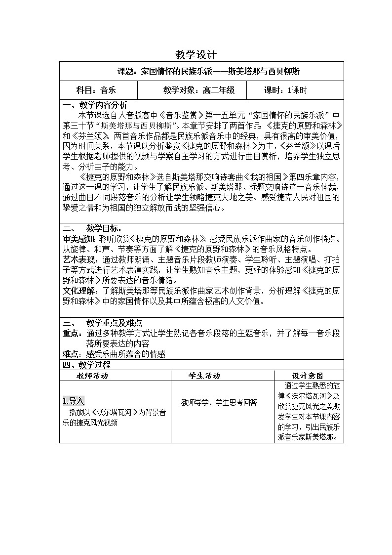 高中音乐人音版 斯美塔那与西贝柳斯 教学设计（表格式）01