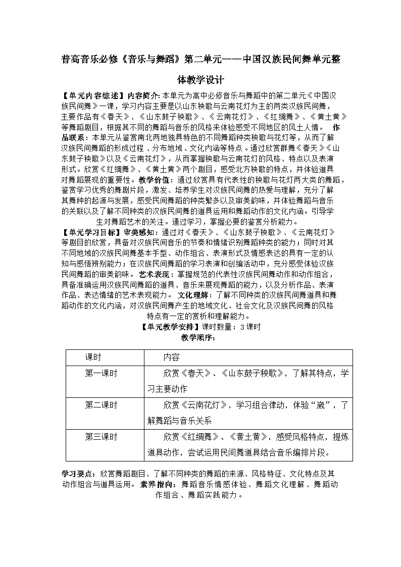 普高音乐必修《音乐与舞蹈》第二单元——中国汉族民间舞单元整体教学设计01