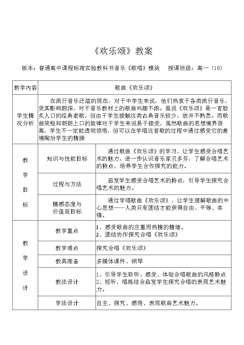 人音版高中音乐选修《歌唱》第5单元《欢乐颂——《第九交响曲》第四乐章》(4)教案01