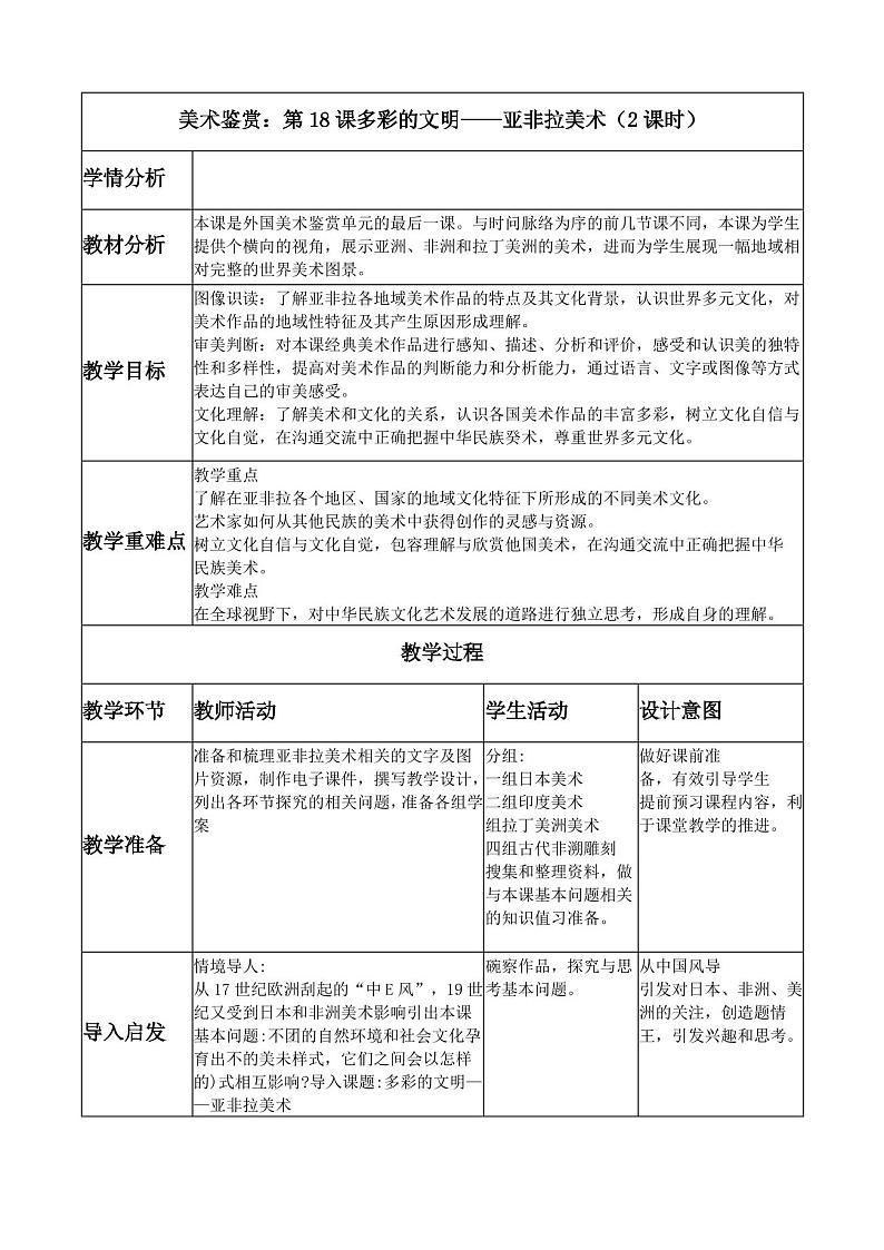 新人教版美术鉴赏 第18课多彩的文明——亚非拉美术 教学设计01