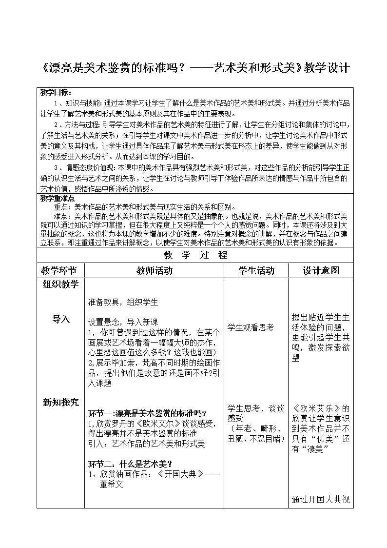 人美版高中美术必修《美术鉴赏》 第六课 漂亮是美术鉴赏的标准吗--艺术美和形式美(1)（教案）第1页