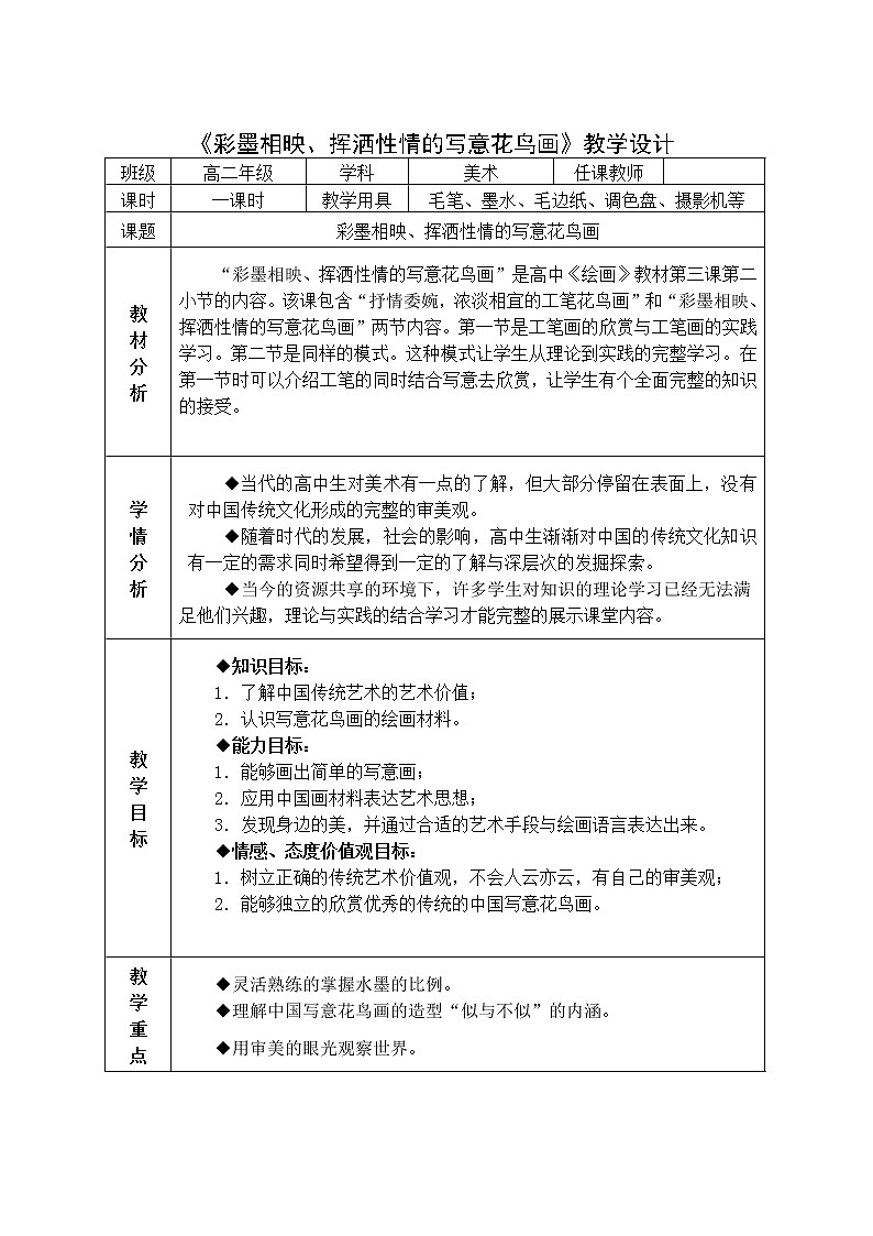 人美版高中美术必修《绘画》 第3课 借物抒情 托物言志--中国花鸟画(1)（教案）01