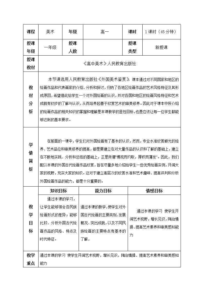 人教版高中美术选修：美术鉴赏 第二课 西方古典艺术的发源地——古希腊、古罗马美术(12) 教案01