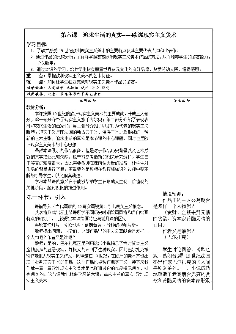人教版高中美术选修：美术鉴赏 第六课 追求生活的真实——欧洲现实主义美术(1) 教案第1页