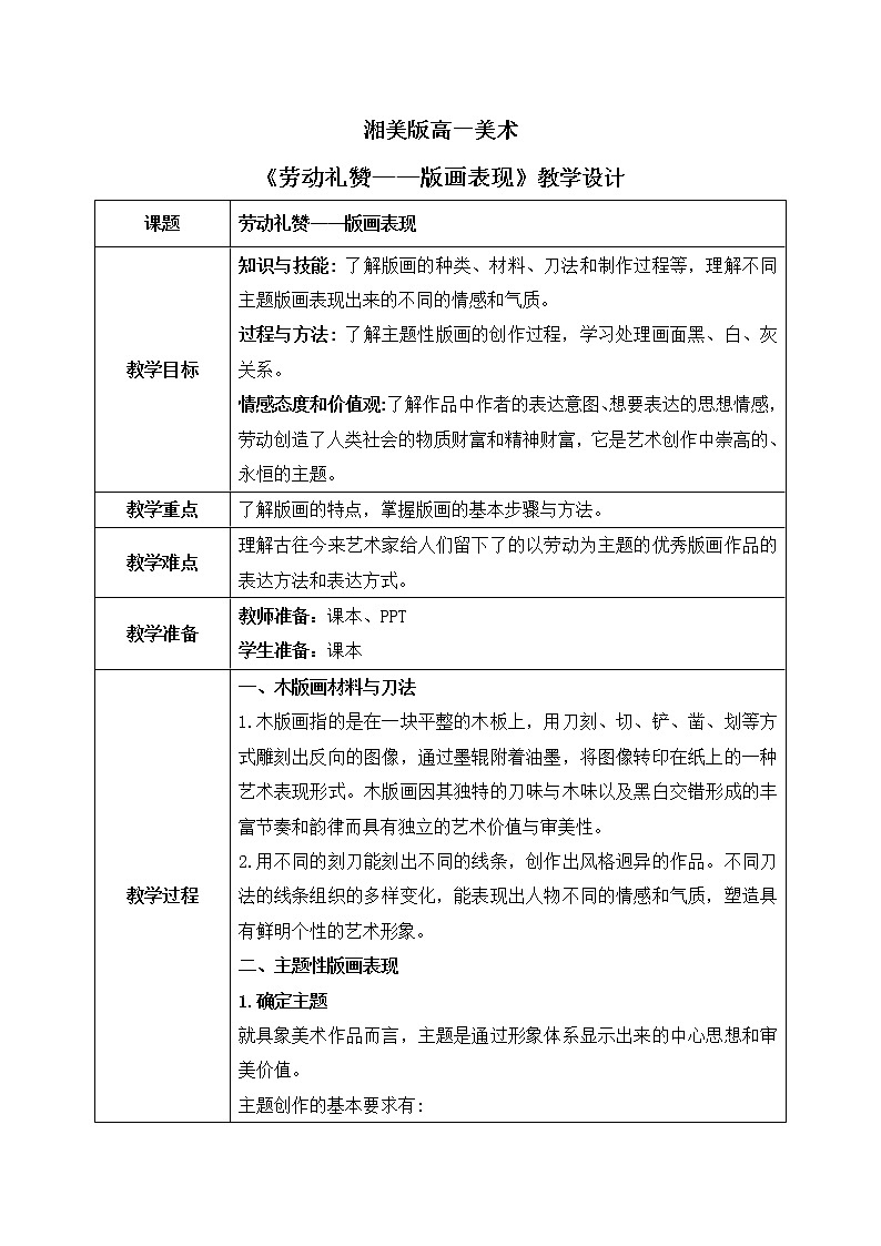 《第三单元第五课  劳动礼赞——版画表现》教学设计第1页