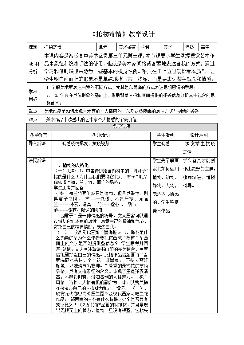 高中美术新湘美版美术鉴赏 3.3 托物寄情——美术作品与艺术家人生经历的关系 教案01